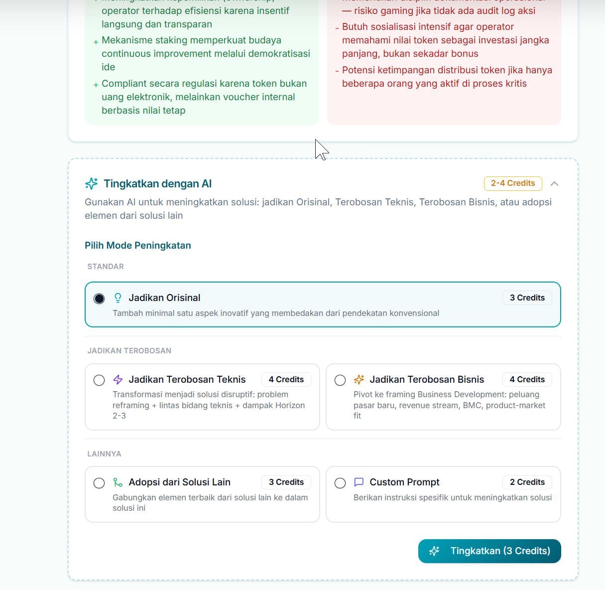 Improve Existing Solusi — Empat mode peningkatan solusi: Jadikan Orisinal, Jadikan Terobosan, Adopsi, Custom Prompt