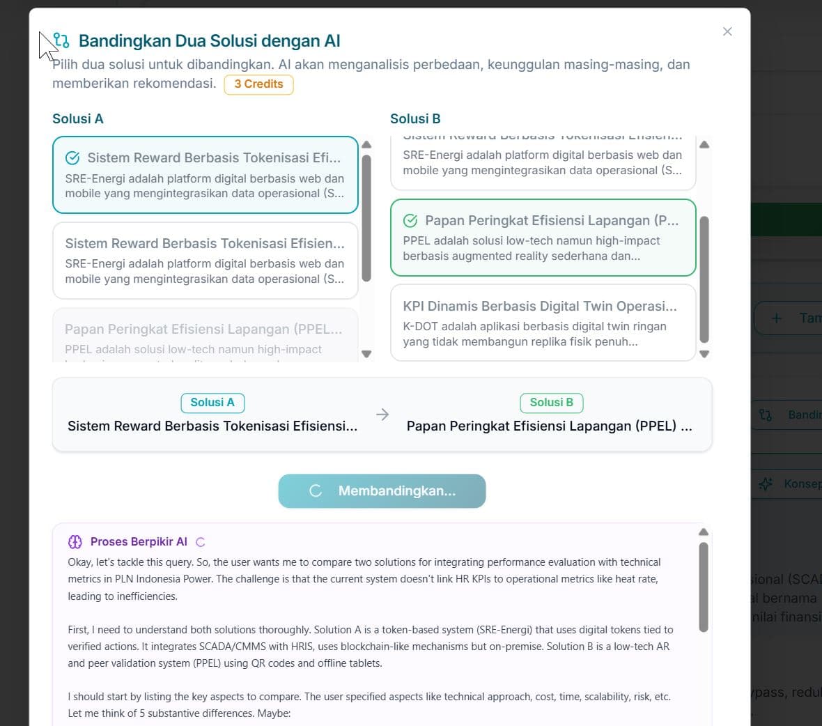 Proses Compare Solusi — AI membandingkan dua solusi terpilih secara side-by-side