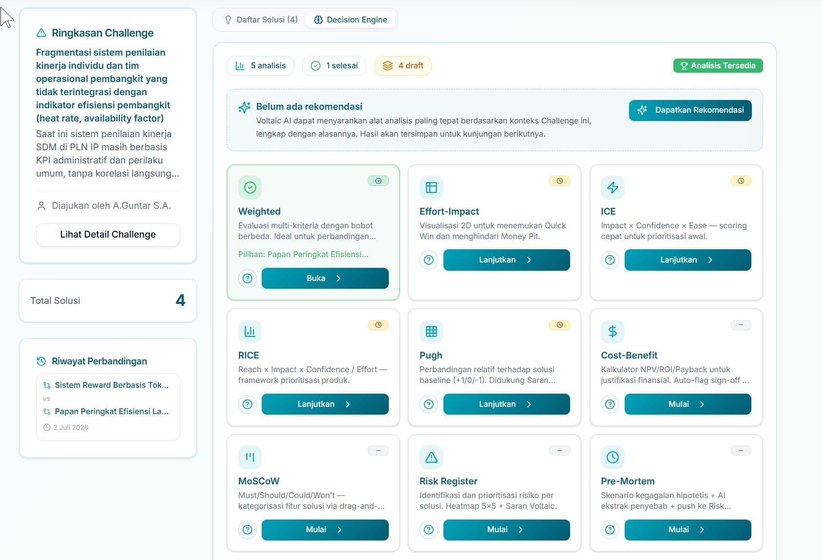 Decision Engine — Pilih Solusi — Tools decision making membantu memilih solusi terbaik secara terukur