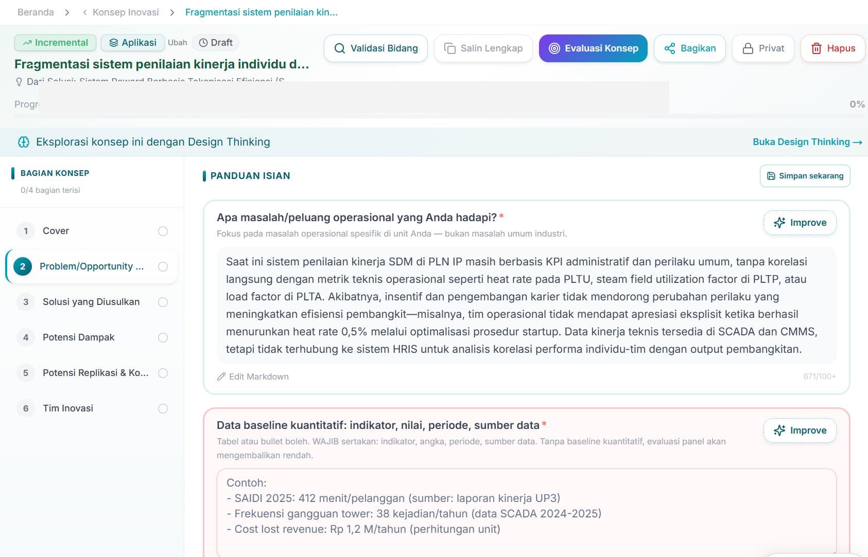 Tampilan Konsep Inovasi — Authoring per-bagian dengan pertanyaan terpandu dan AI Improve