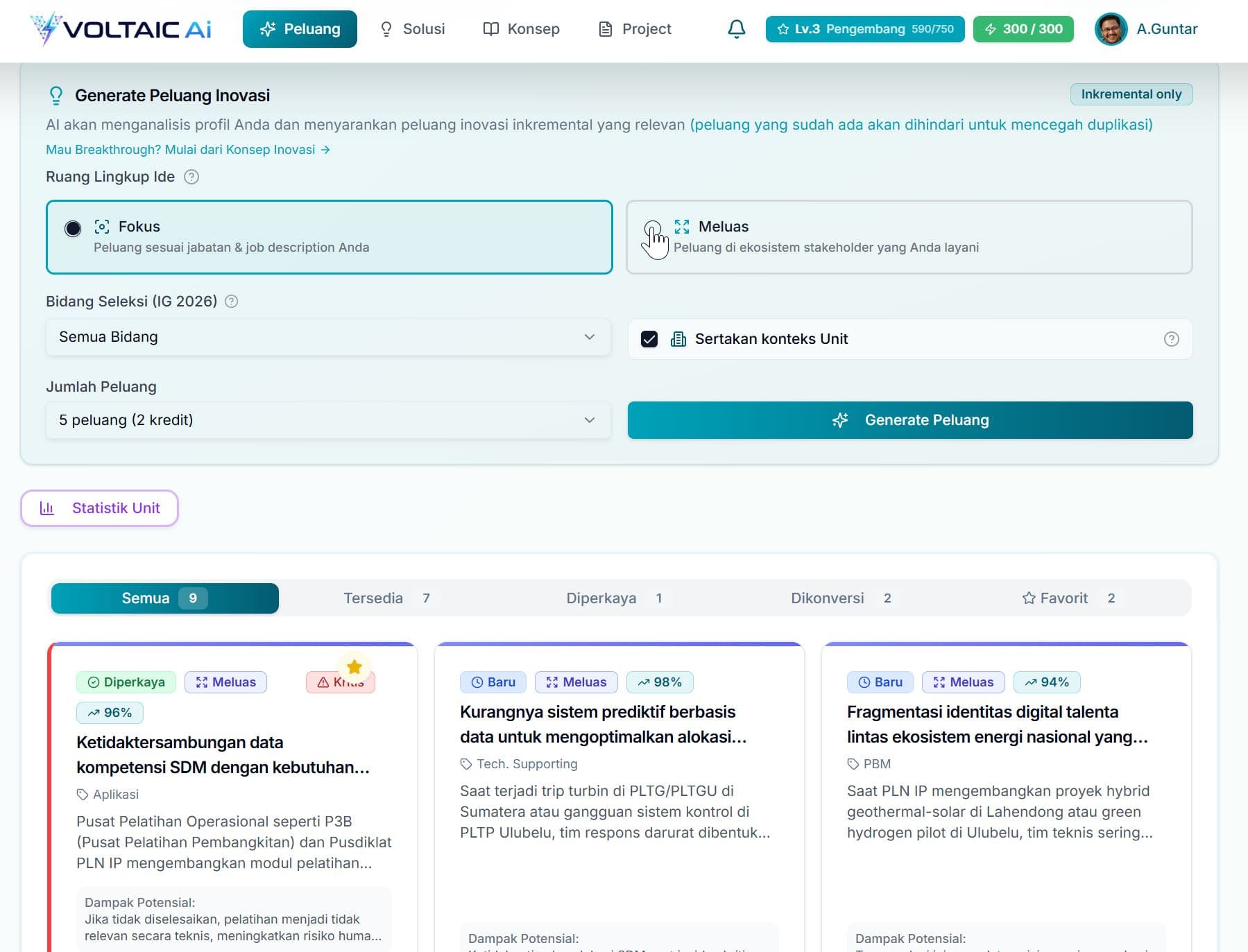Halaman Generate Peluang — Mode Fokus vs Mode Meluas, dengan hasil generate AI