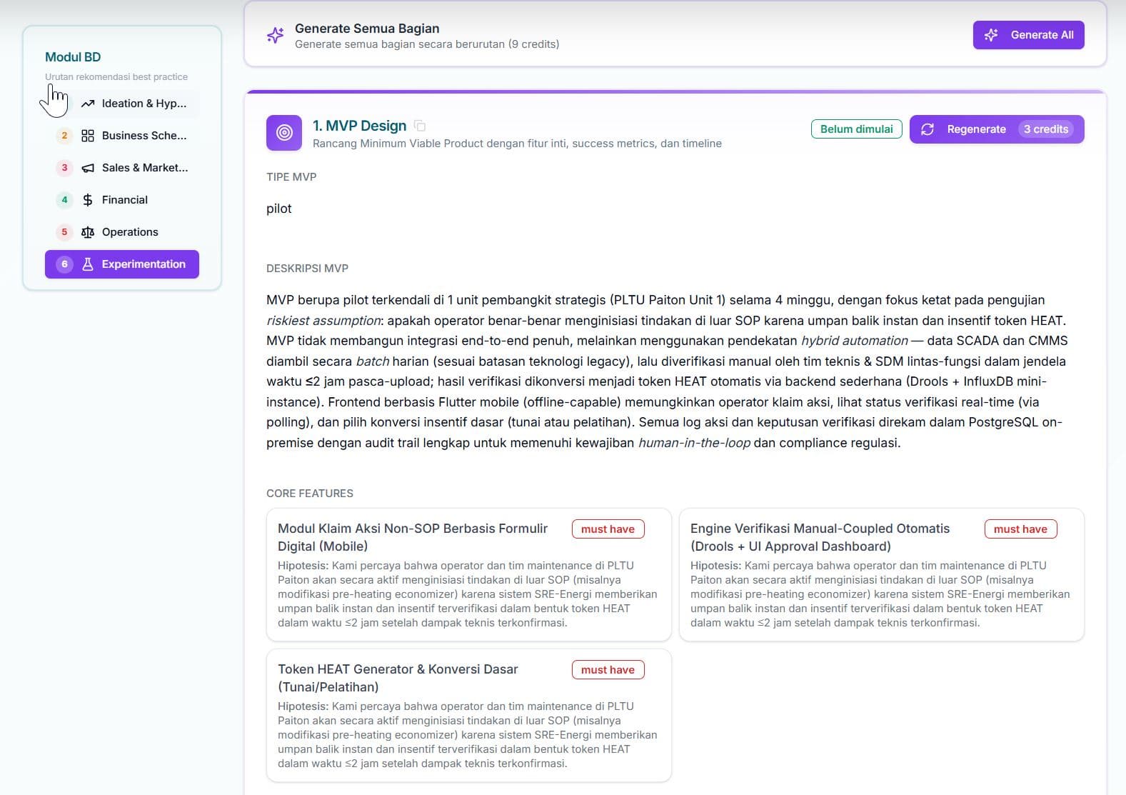 Experimentation — Validasi Terukur — Desain MVP, rencana eksperimen, dan keputusan lanjut/ubah arah/hentikan