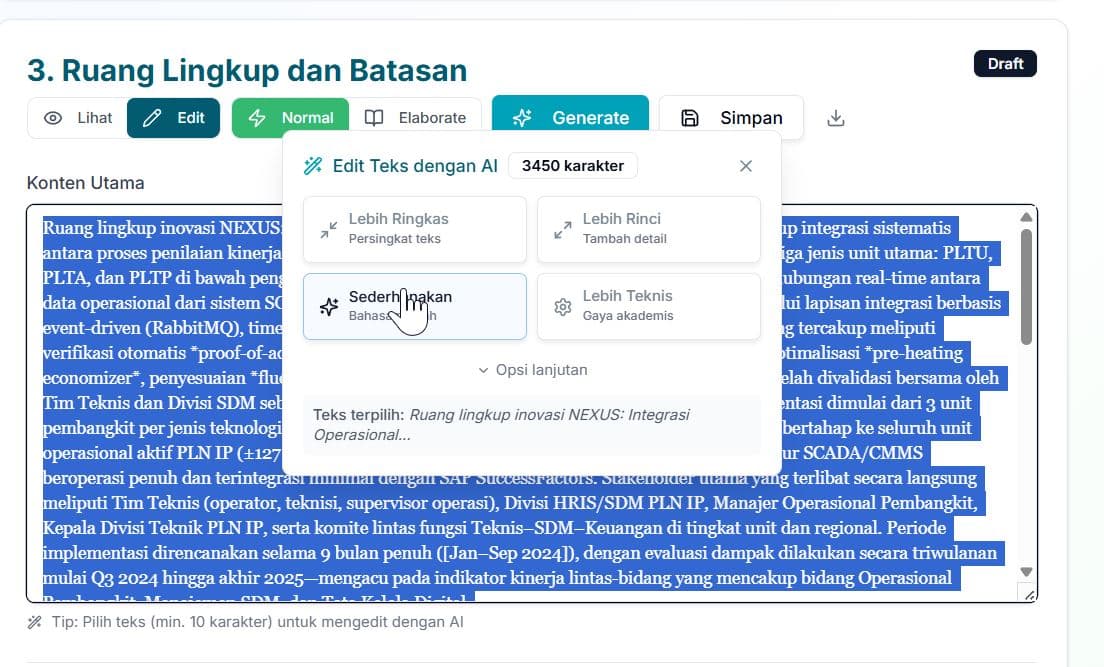Penyempurnaan Makalah dengan AI — Toolbar AI untuk memoles teks — lebih ringkas, rinci, sederhana, atau teknis